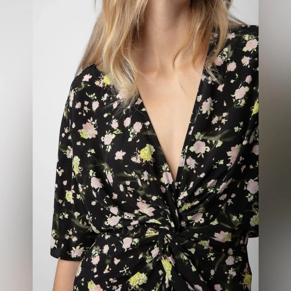 Zadig & Voltaire Black Floral Rozom Soft Crinkle Roses Summer Slim Mini Dress - Picture 5 of 9